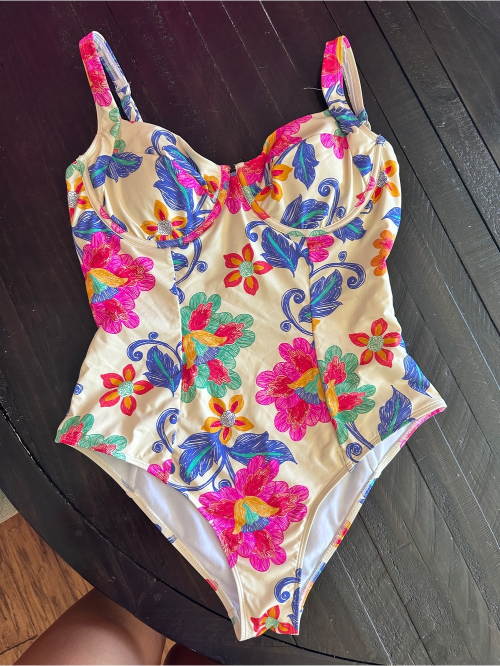 Cream Floral One-Piece Swimsuit with Pink & Blue Accents